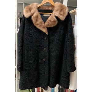 Vintage Black Persian Curly Lambs Wool Coat w Mink Collar